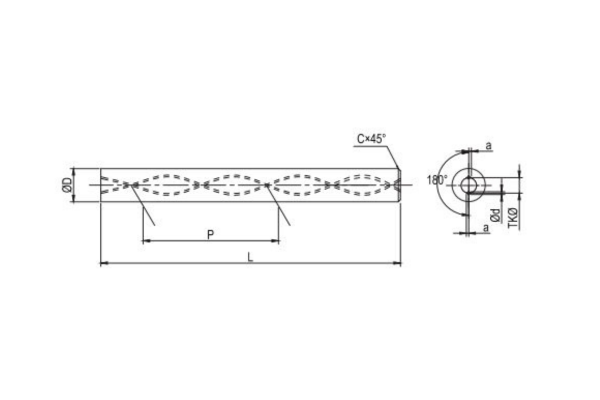 Een getekende hardmetalen staaf met 2 gedraaide koelkanalen
